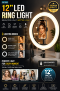 12-inch LED ring fill light with mobile holder, 3 color modes, adjustable brightness, USB powered, ideal for TikTok, YouTube, makeup, and live streaming.