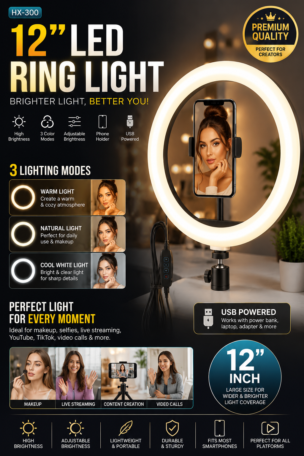 12-inch LED ring fill light with mobile holder, 3 color modes, adjustable brightness, USB powered, ideal for TikTok, YouTube, makeup, and live streaming.