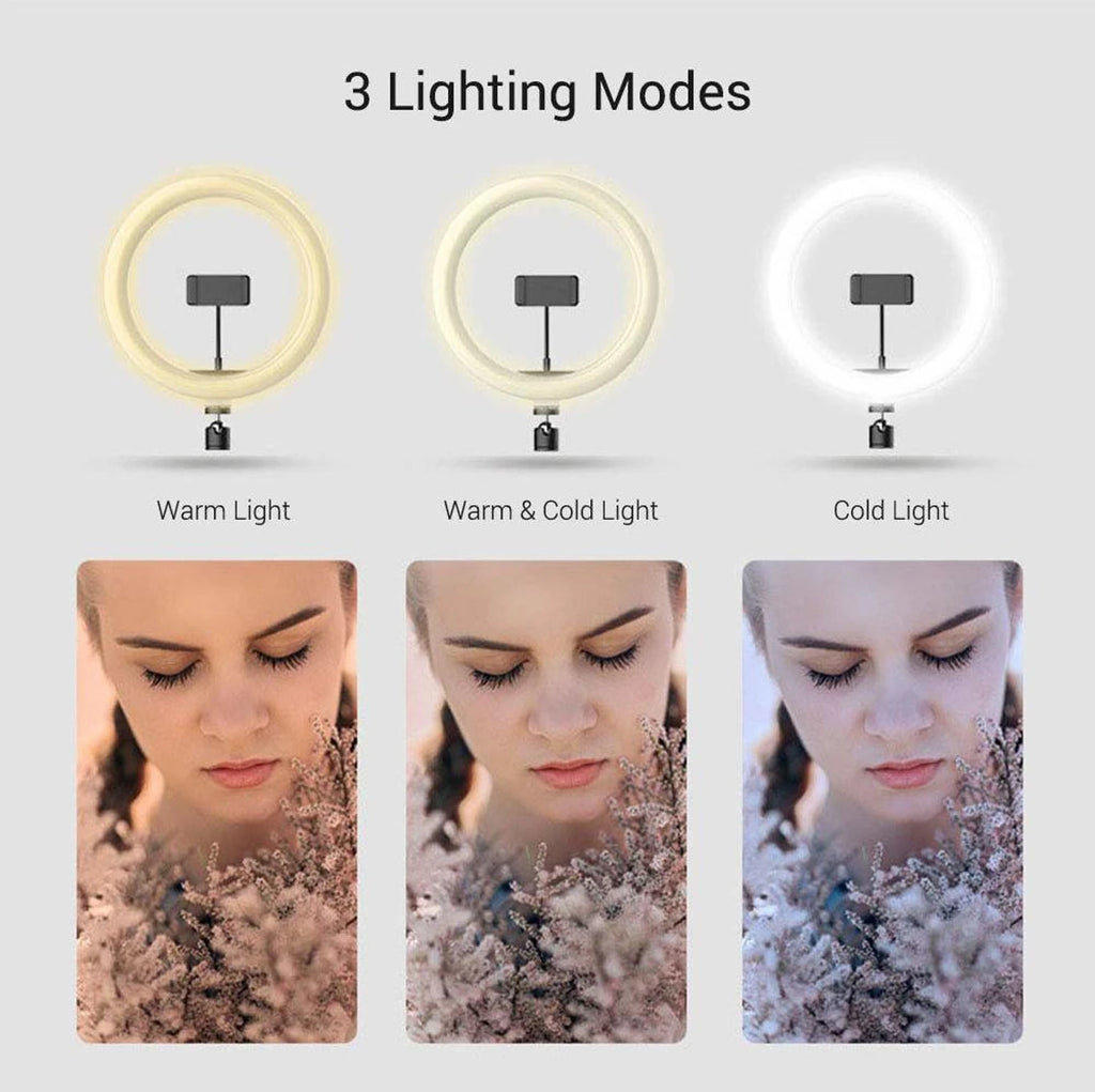 12-inch LED ring fill light with mobile holder, 3 color modes, adjustable brightness, USB powered, ideal for TikTok, YouTube, makeup, and live streaming.