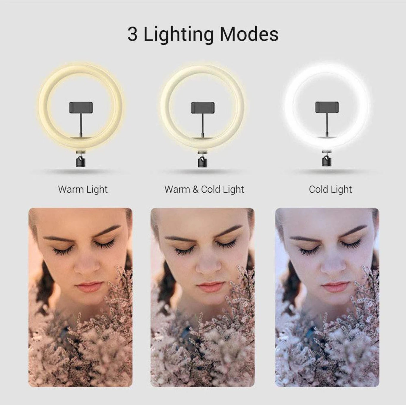 12-inch LED ring fill light with mobile holder, 3 color modes, adjustable brightness, USB powered, ideal for TikTok, YouTube, makeup, and live streaming.