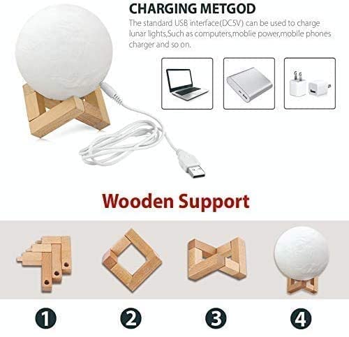 3D Moon Lamp shown beside tablet for size reference and dimensions.