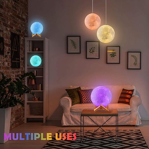 Rechargeable Moon Lamp used as a bedside night light in a modern bedroom.
