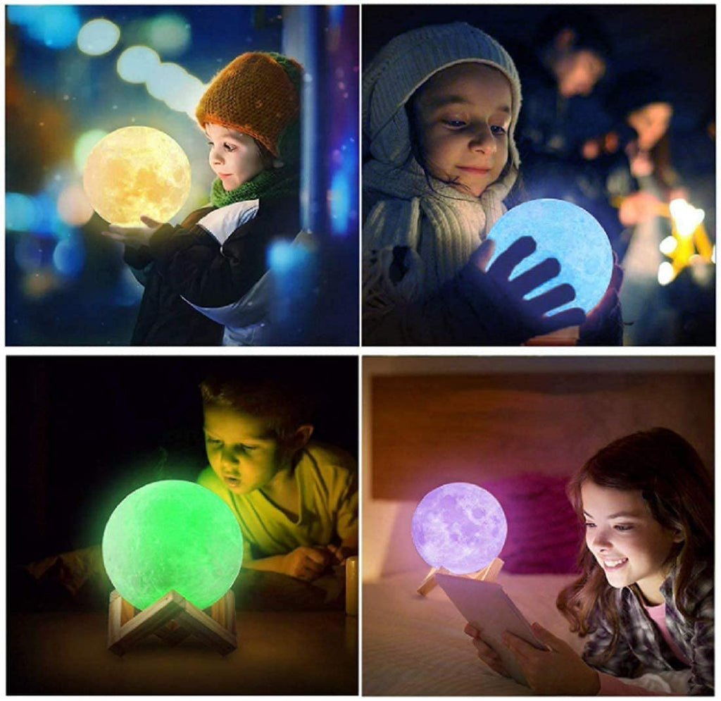Child holding illuminated 3D Moon Lamp creating a magical nighttime experience.