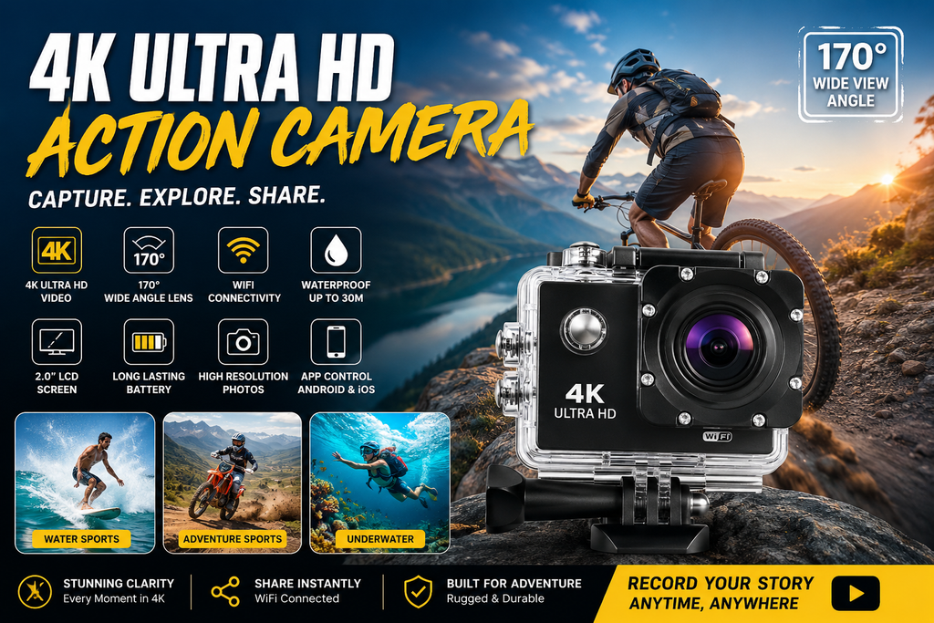 "4K waterproof action camera for outdoor adventures and sports."