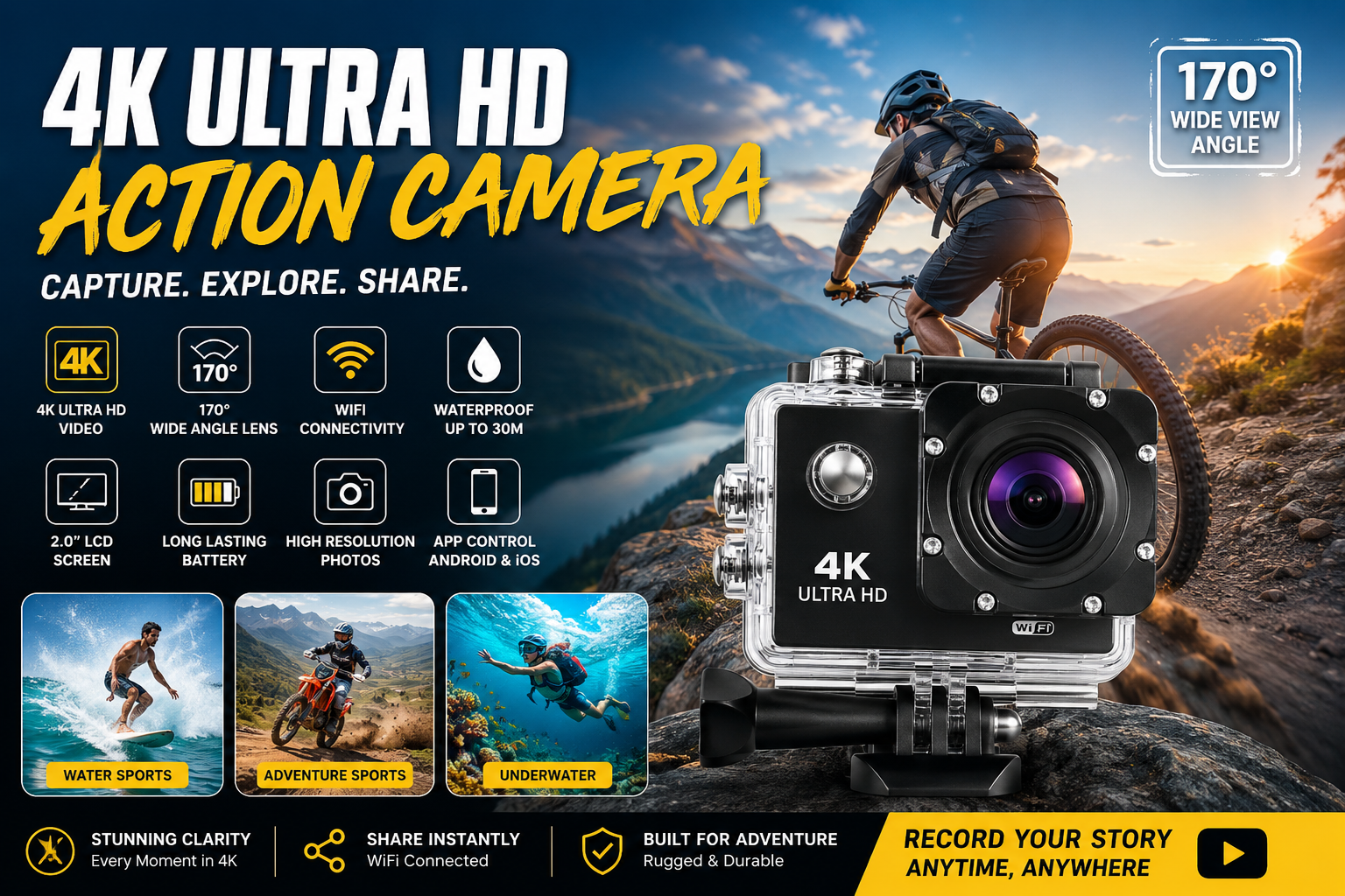 "4K waterproof action camera for outdoor adventures and sports."