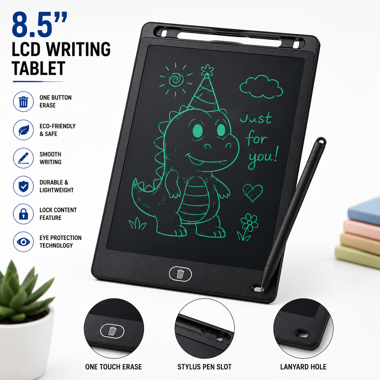 8.5-inch LCD writing tablet with stylus pen for kids, reusable digital drawing board for writing, doodling, learning, and creativity.