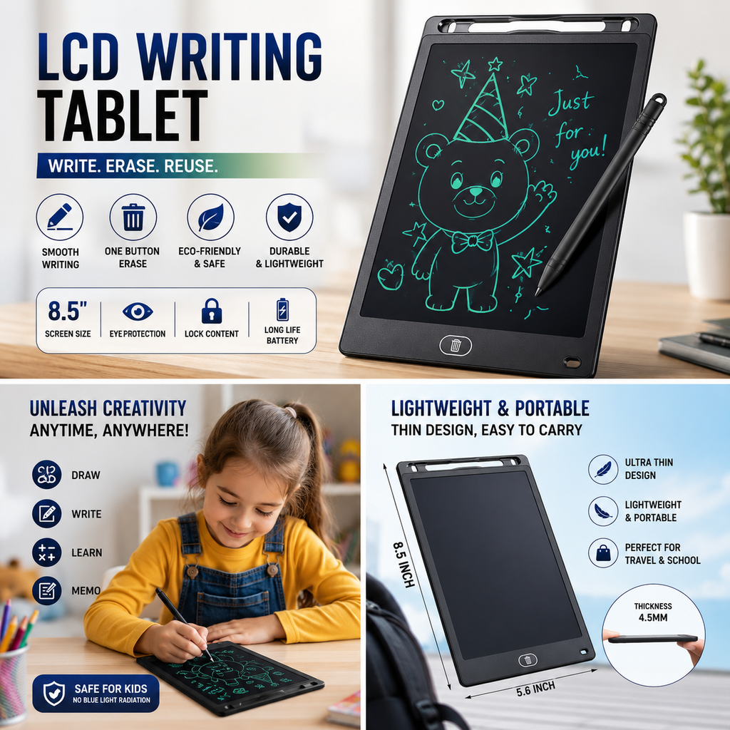 8.5-inch LCD writing tablet with stylus pen for kids, reusable digital drawing board for writing, doodling, learning, and creativity.