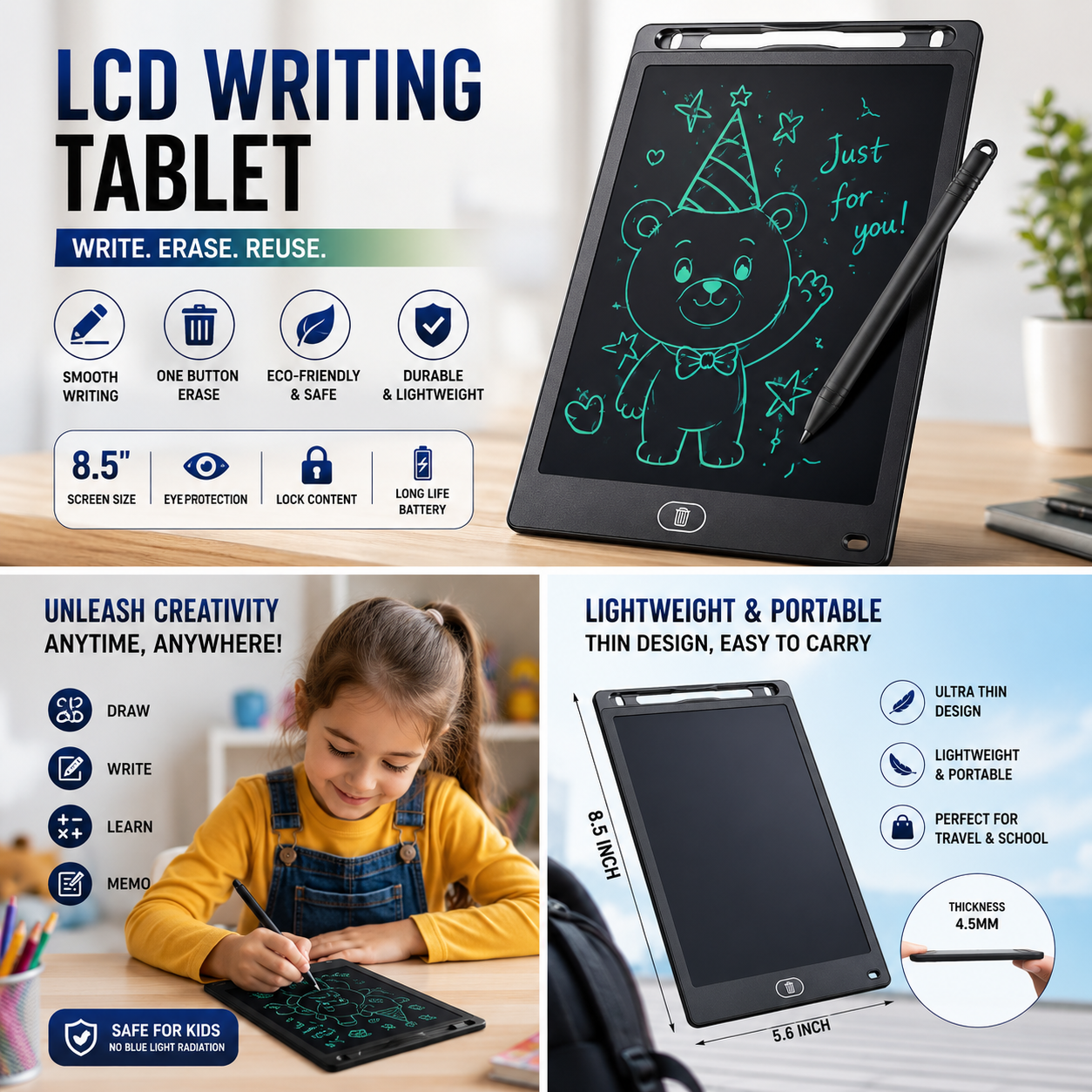 8.5-inch LCD writing tablet with stylus pen for kids, reusable digital drawing board for writing, doodling, learning, and creativity.