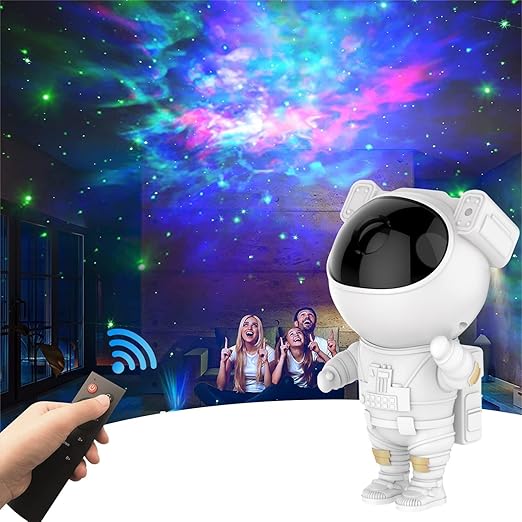 Astronaut projector with remote control for brightness, color, speed, and timer adjustment.