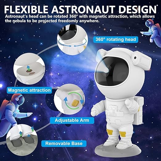 Family enjoying colorful galaxy projection created by astronaut night light projector.