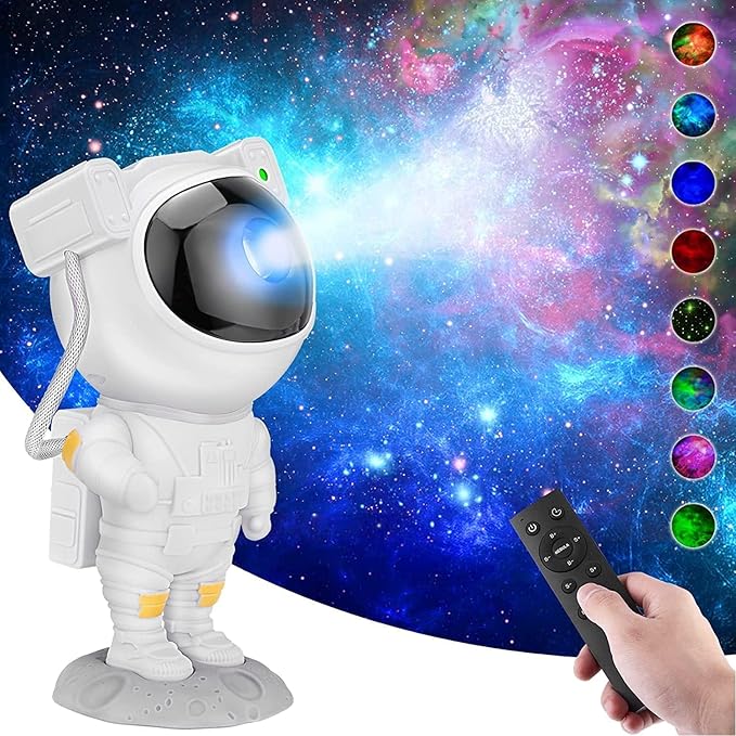 Astronaut galaxy projector dimensions and compact desktop design.