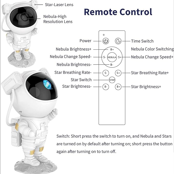 Astronaut star projector creating colorful nebula effects across bedroom ceiling and walls.