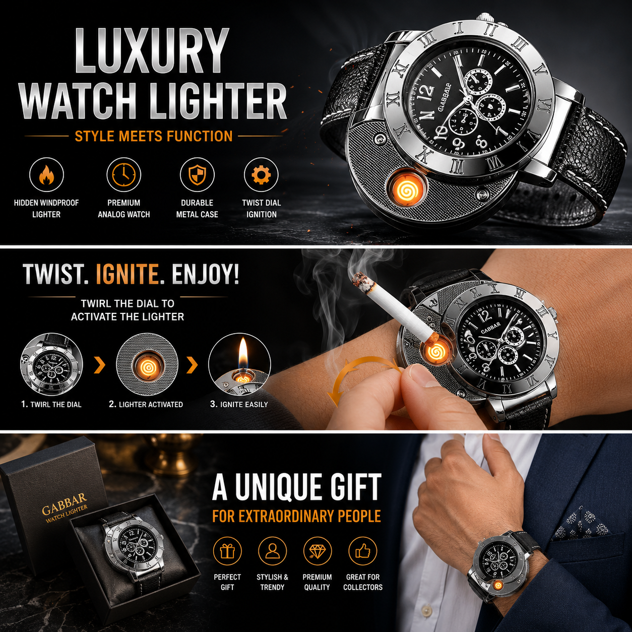 Luxury Watch Lighter – Analog Quartz Wrist Watch with Built-in Windproof Lighter