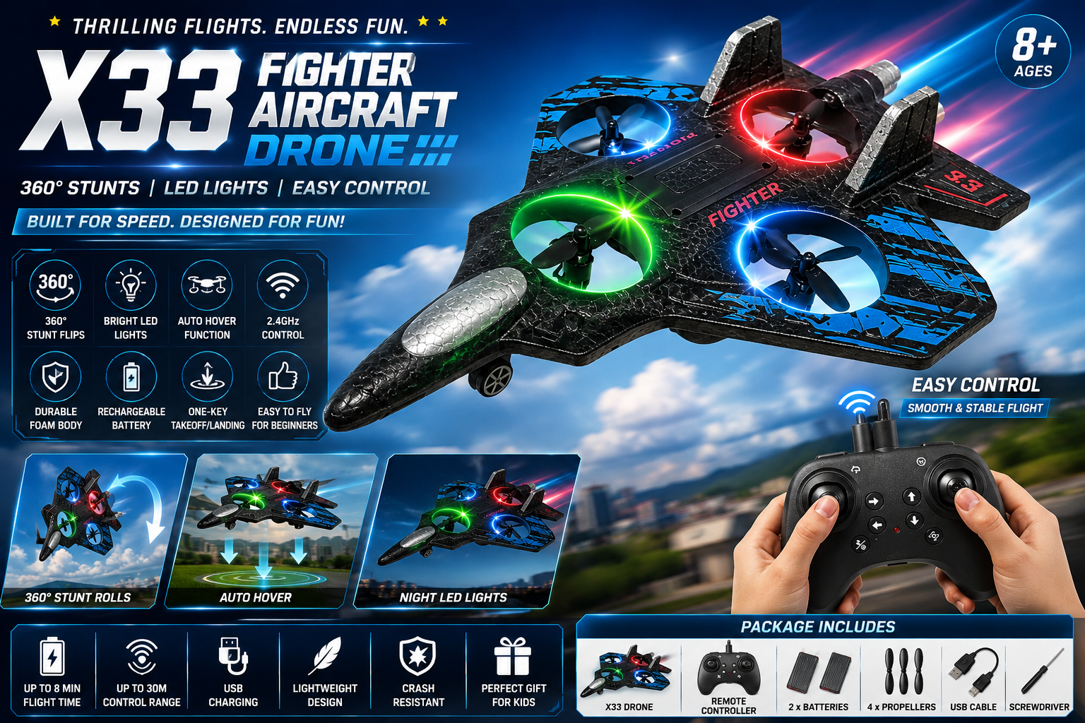 X33 Fighter Aircraft Drone RC Plane – LED Light Remote Control Flying Jet with 360° Stunts