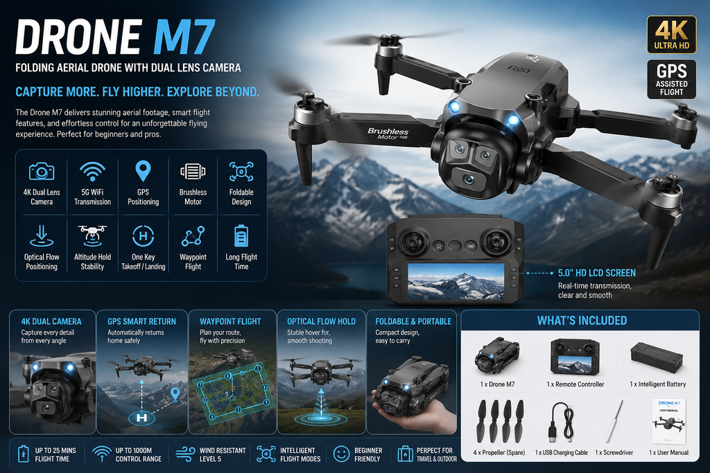 M7 Foldable Dual Camera Drone with HD Screen Controller – Brushless Motor FPV Quadcopter