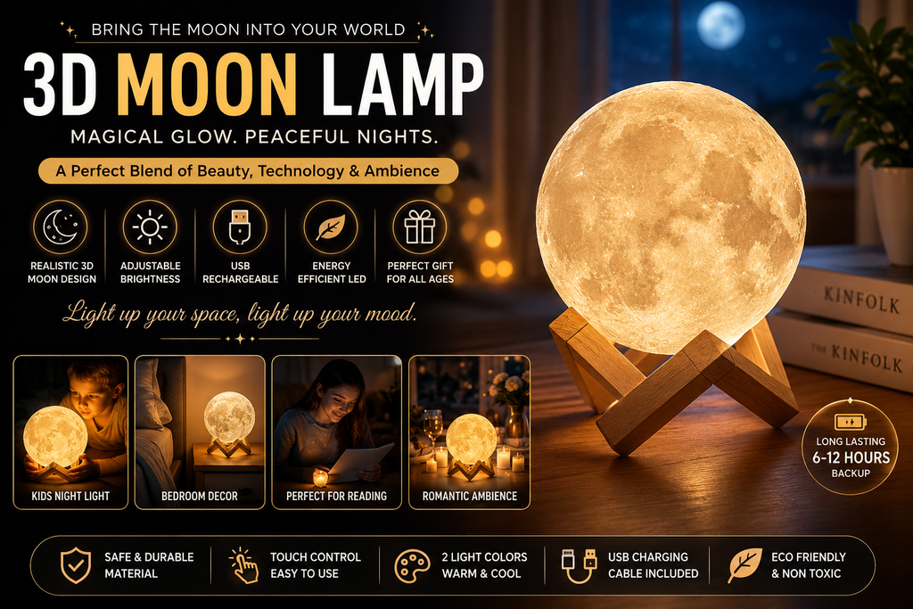 USB rechargeable Moon Lamp with wooden stand and charging cable.