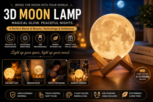 USB rechargeable Moon Lamp with wooden stand and charging cable.