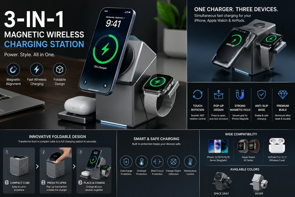 3-in-1 Magnetic Wireless Charging Station – Foldable Fast Charger for iPhone, Apple Watch & AirPods