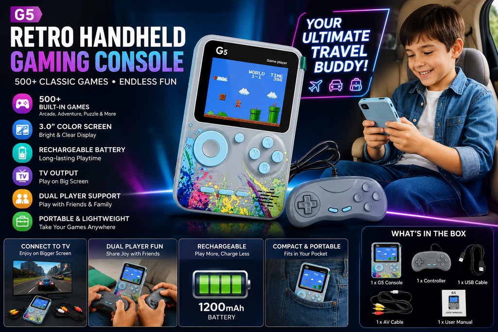 Child enjoying portable retro gaming console during travel