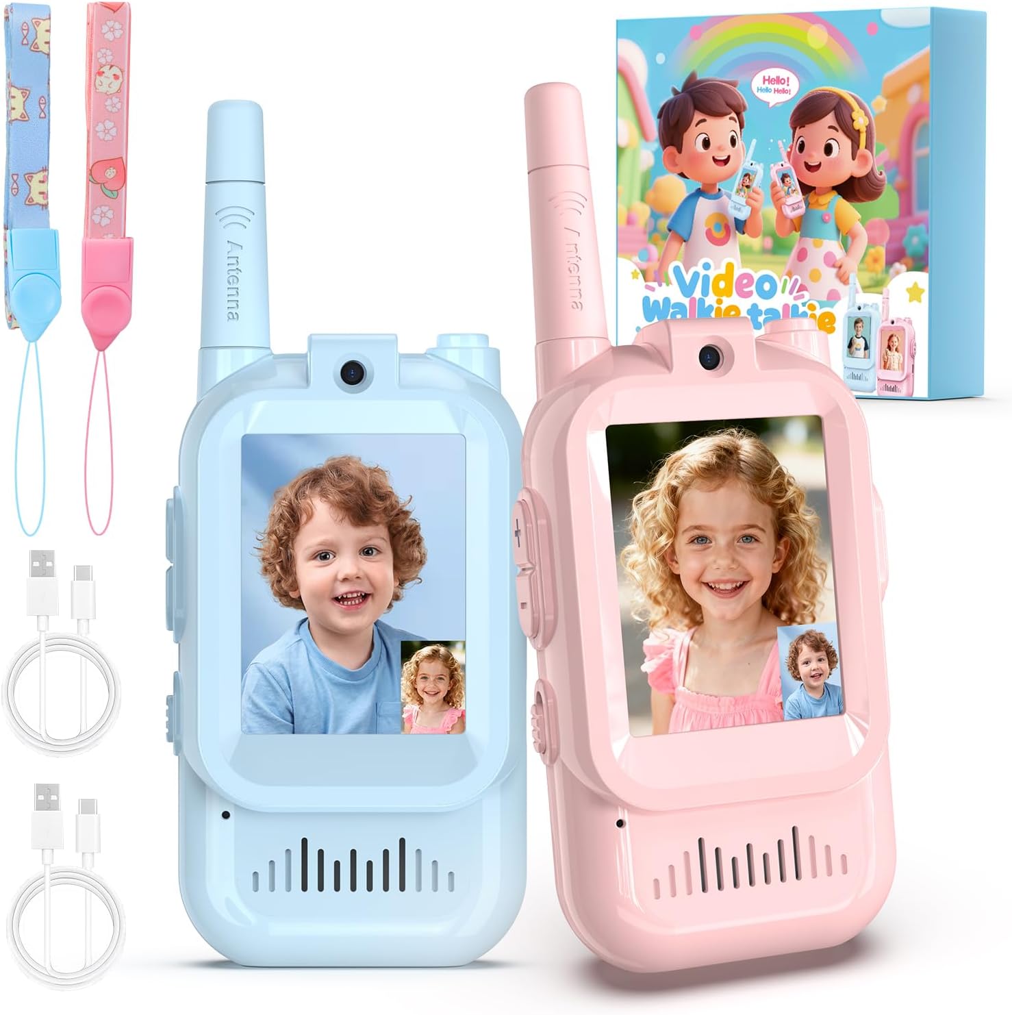 Children using video walkie talkies indoors and outdoors