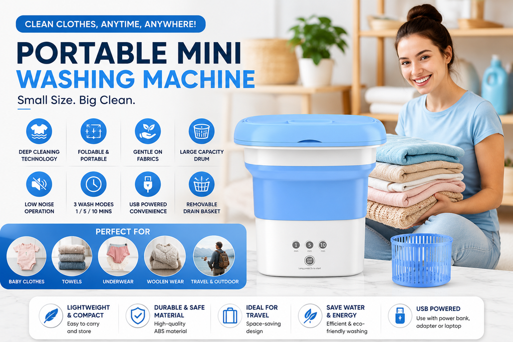 Compact USB-powered portable washing machine showing deep cleaning technology and fabric protection.