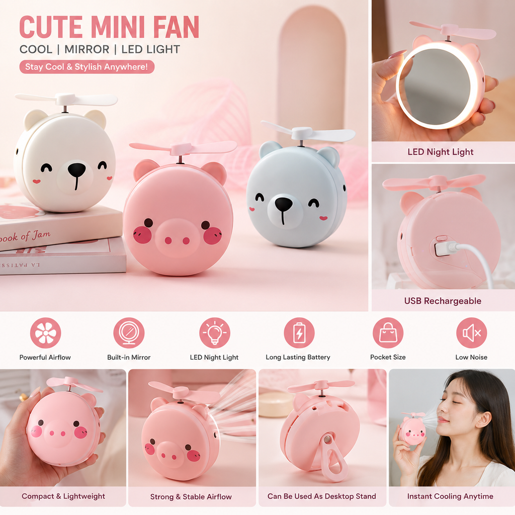 Cute rechargeable bear mini fan with built-in mirror and LED light in assorted pastel colors for portable cooling.
