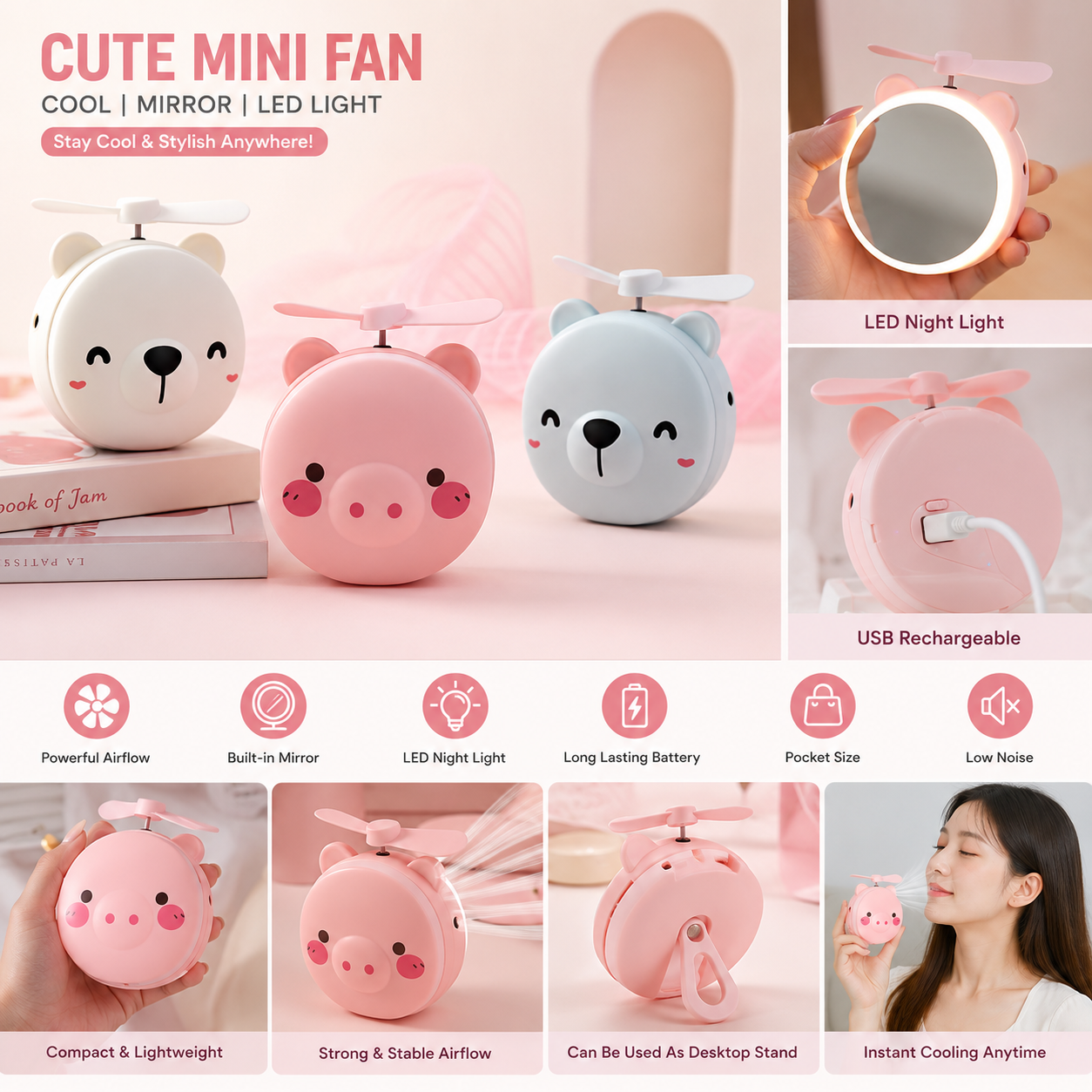 Cute rechargeable bear mini fan with built-in mirror and LED light in assorted pastel colors for portable cooling.
