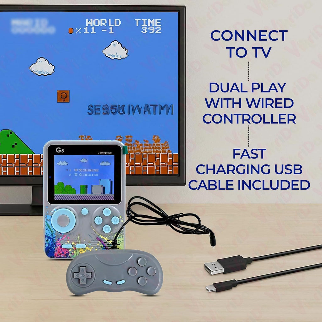 G5 gaming console featuring rechargeable battery and 500 games