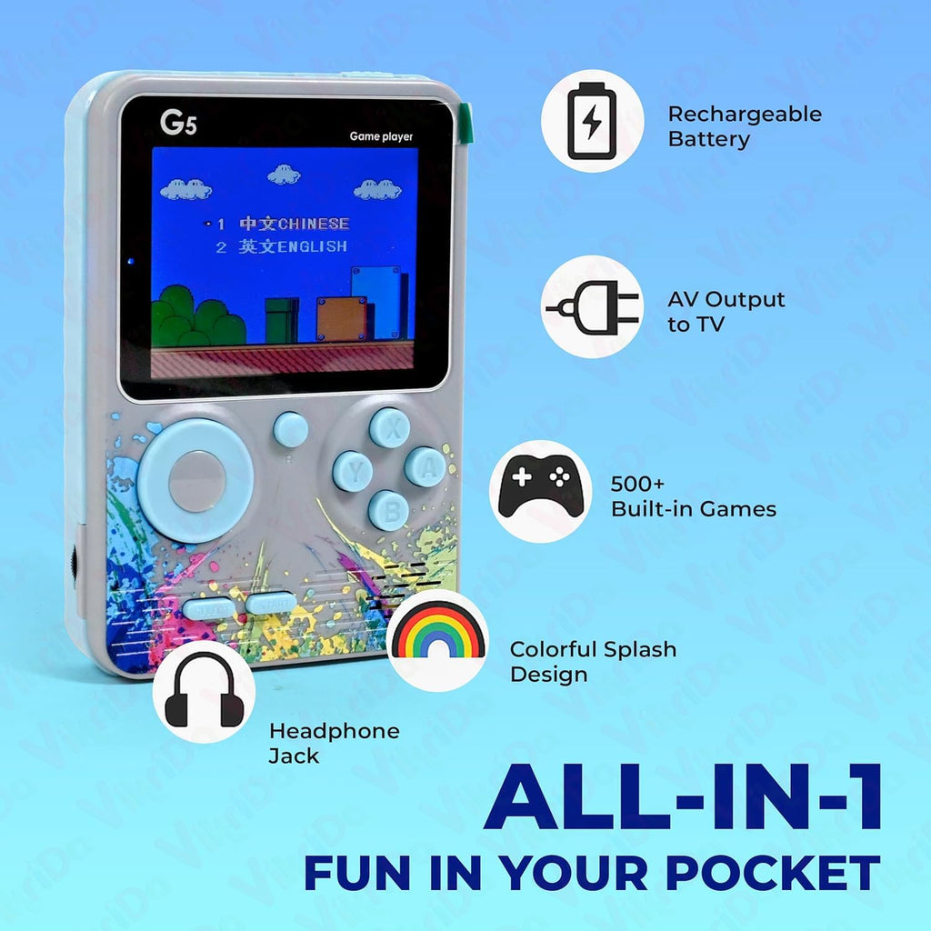 G5 gaming console featuring rechargeable battery and 500 games