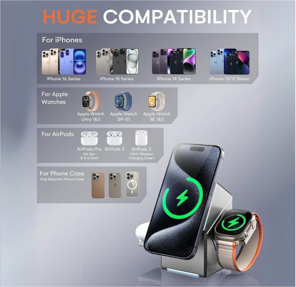3-in-1 Magnetic Wireless Charging Station – Foldable Fast Charger for iPhone, Apple Watch & AirPods