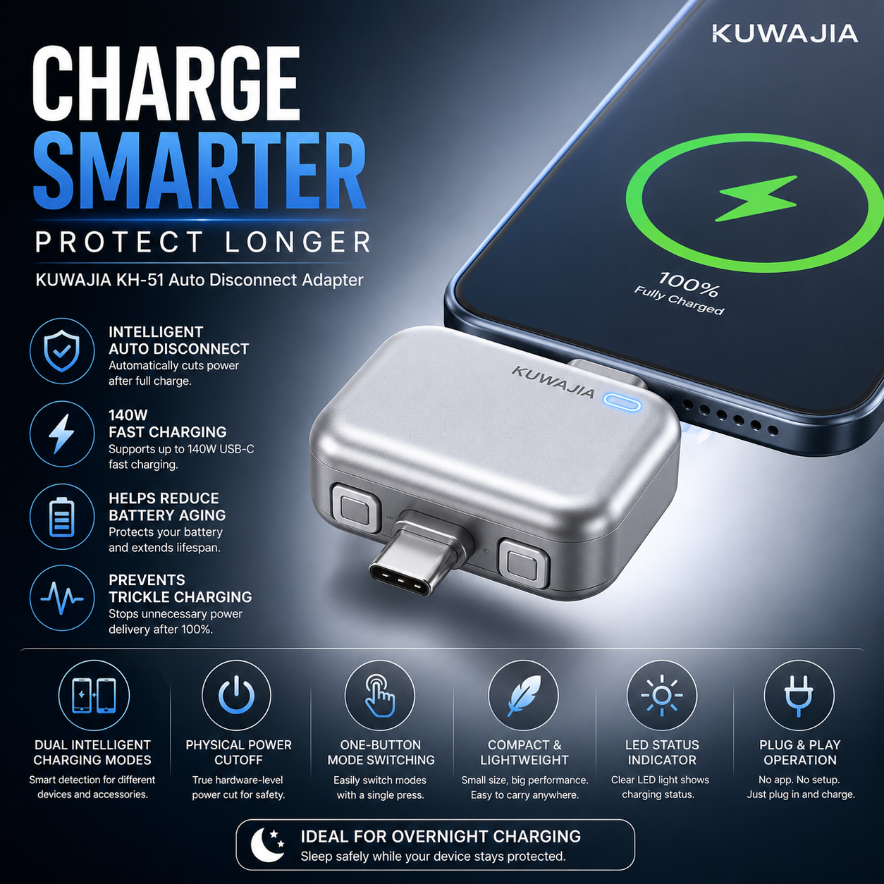 KUWAJIA KH-51 auto disconnect adapter connected to a smartphone, automatically stopping charging after the battery reaches 100% for safer overnight charging.