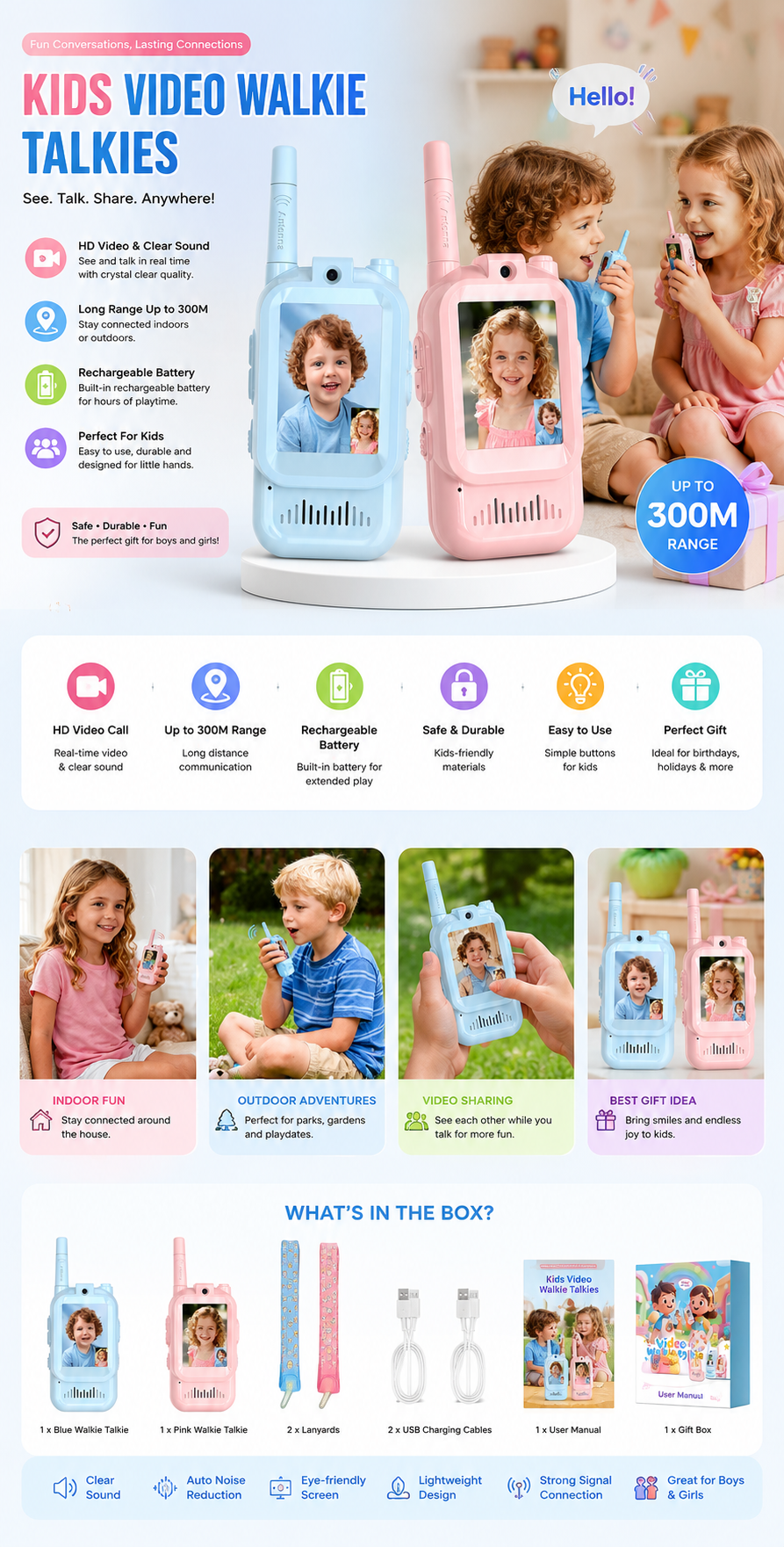 Kids Video Walkie Talkies with HD Camera and Rechargeable Battery