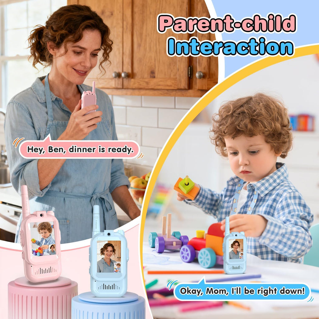 Kids video walkie talkie set with charging cables and lanyards