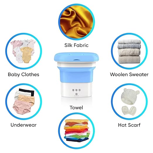 Blue foldable portable mini washing machine with removable drain basket and compact storage design.
