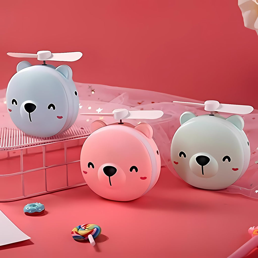 Cute Bear Mini Handheld Fan with Mirror & LED Light – Portable USB Rechargeable Fan