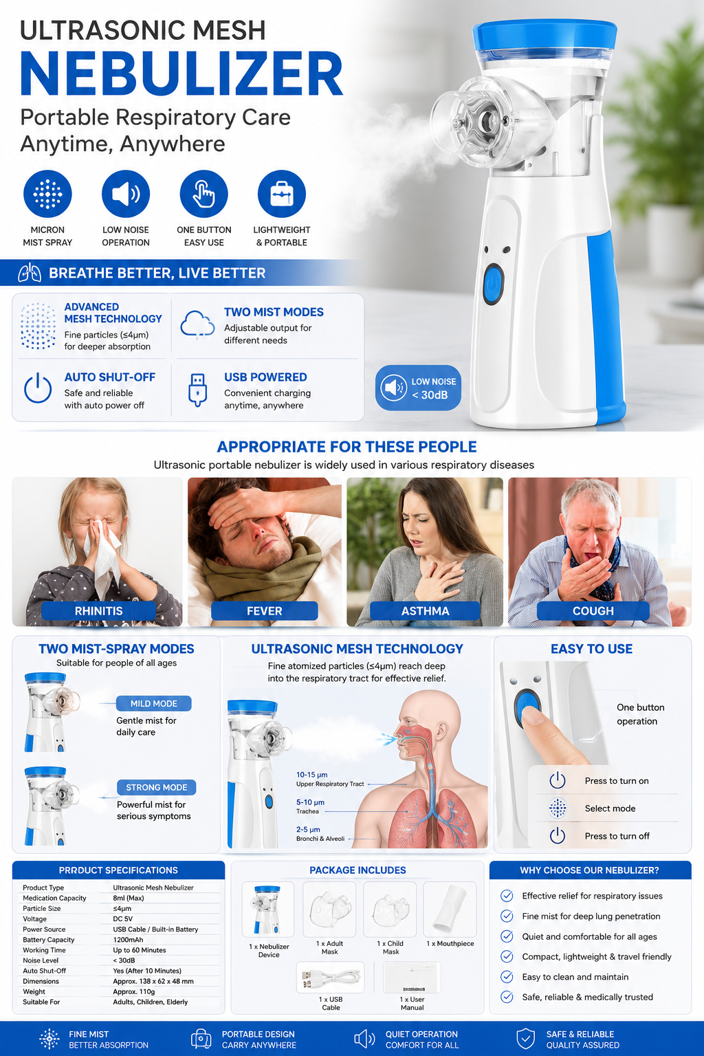 Portable Ultrasonic Mesh Nebulizer with USB Rechargeable Battery