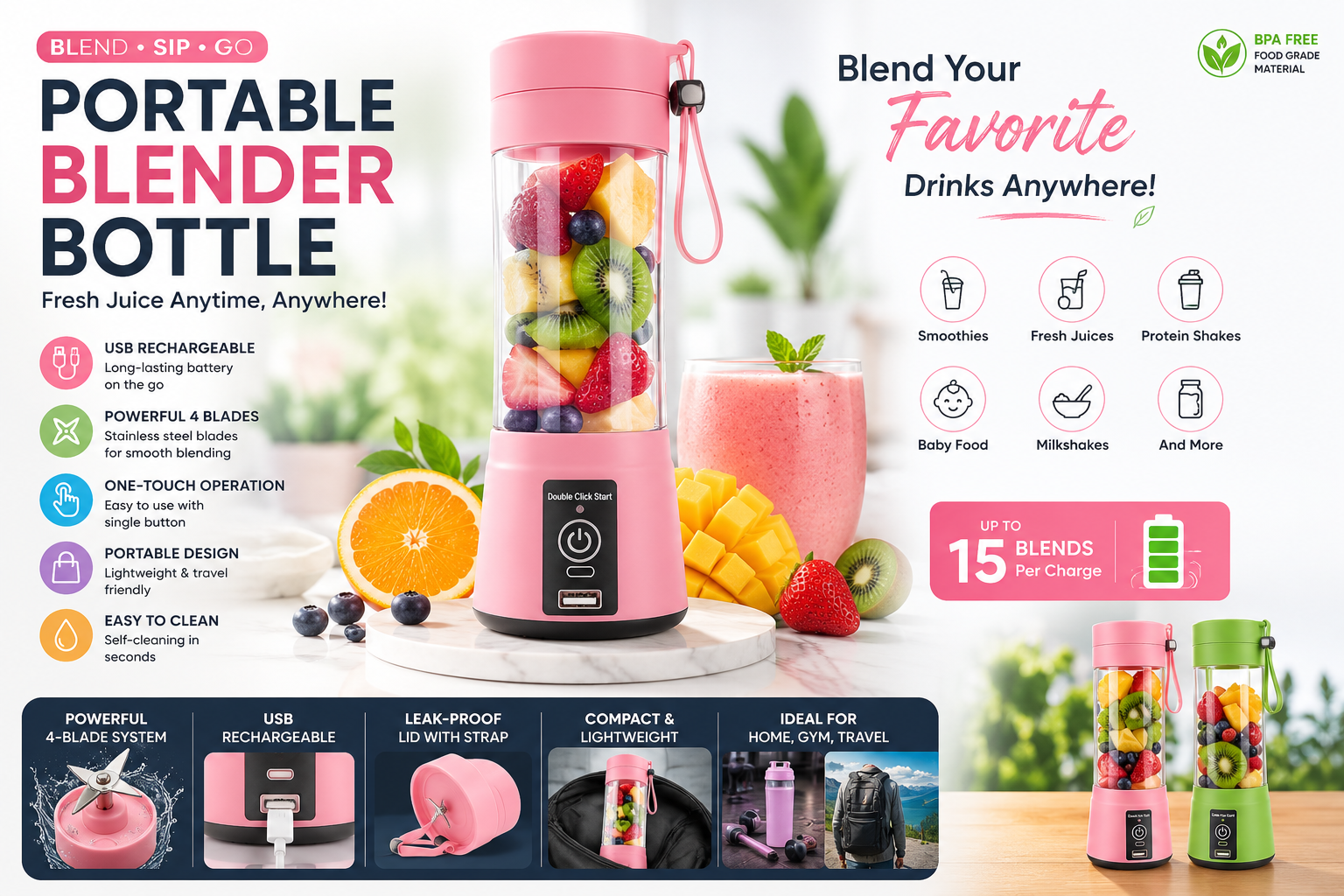Portable smoothie blender with fresh fruits and juice