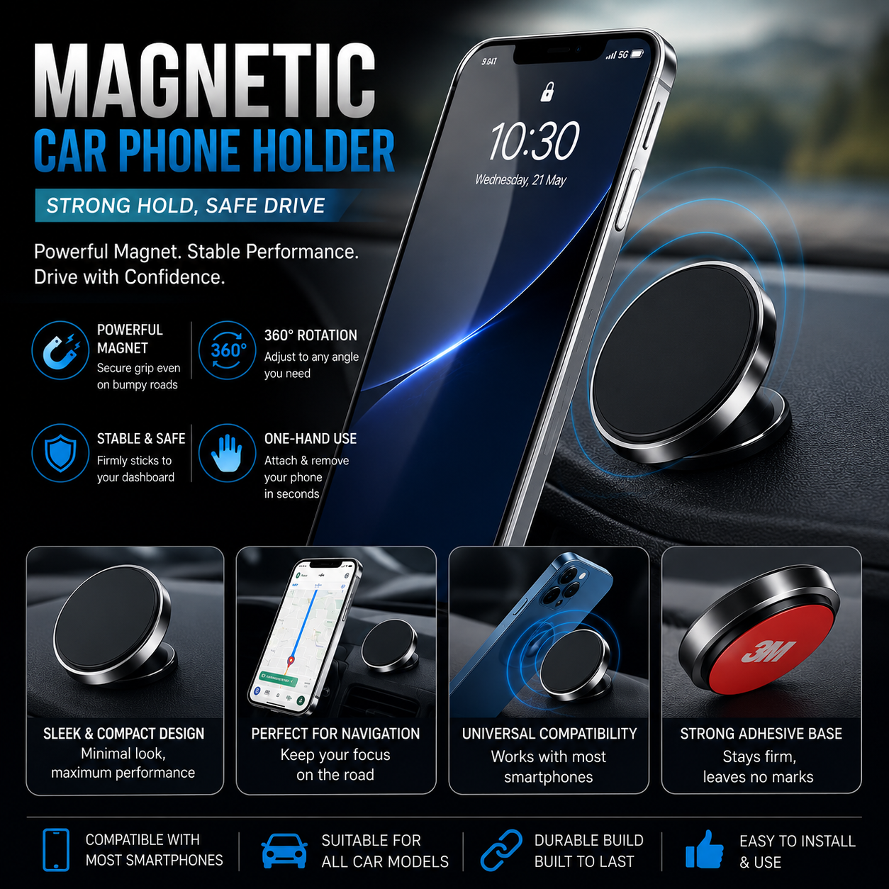 Strong magnetic car phone holder mounted on dashboard, providing secure smartphone support for navigation, hands-free calls, and safe driving.