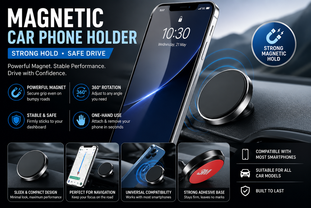 Strong magnetic car phone holder mounted on dashboard, providing secure smartphone support for navigation, hands-free calls, and safe driving.