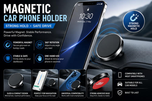 Strong magnetic car phone holder mounted on dashboard, providing secure smartphone support for navigation, hands-free calls, and safe driving.