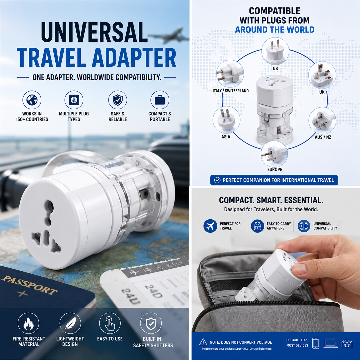 Universal international travel adapter with interchangeable US, UK, EU, and Australia plug types for worldwide charging compatibility.