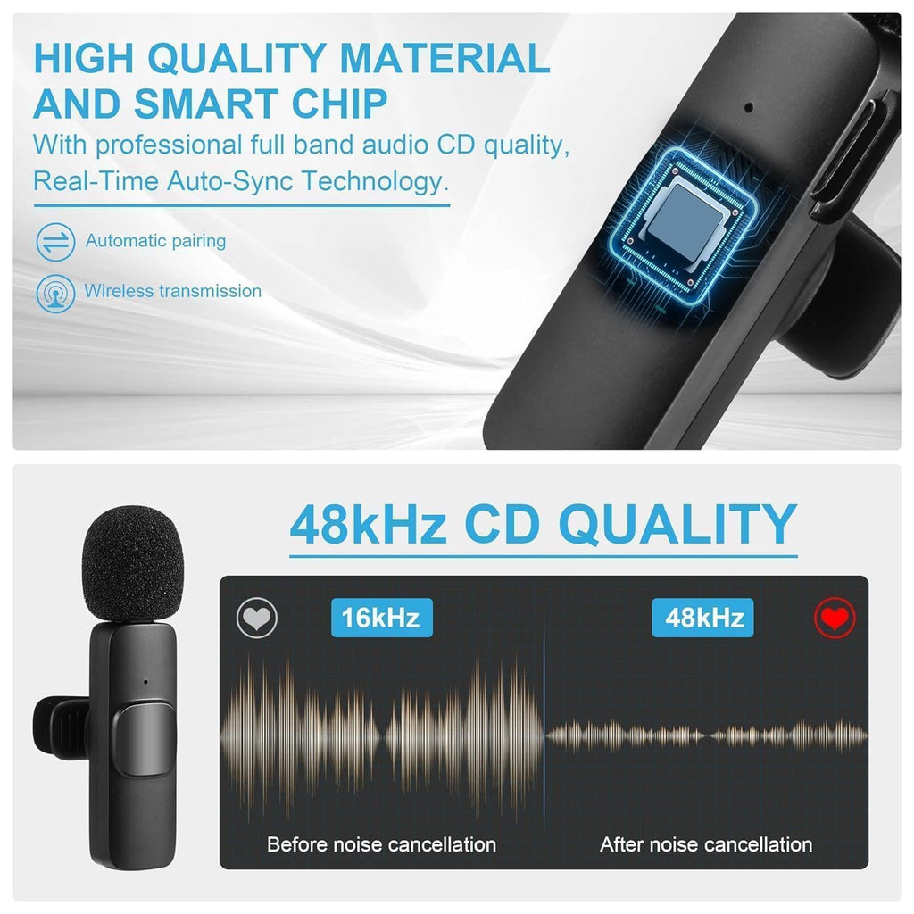 Wireless lavalier microphone with Type-C receiver featuring noise cancellation, 20-meter wireless range, and crystal-clear audio recording for smartphones.