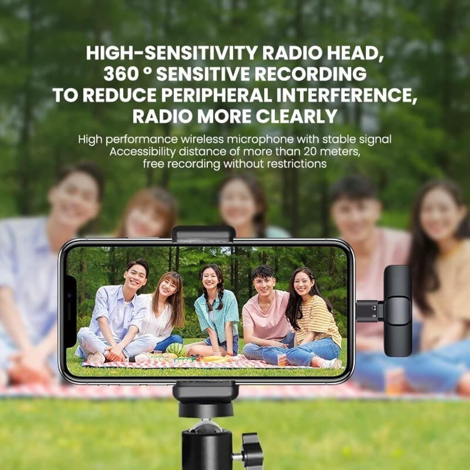 Wireless lavalier microphone with Type-C receiver featuring noise cancellation, 20-meter wireless range, and crystal-clear audio recording for smartphones.