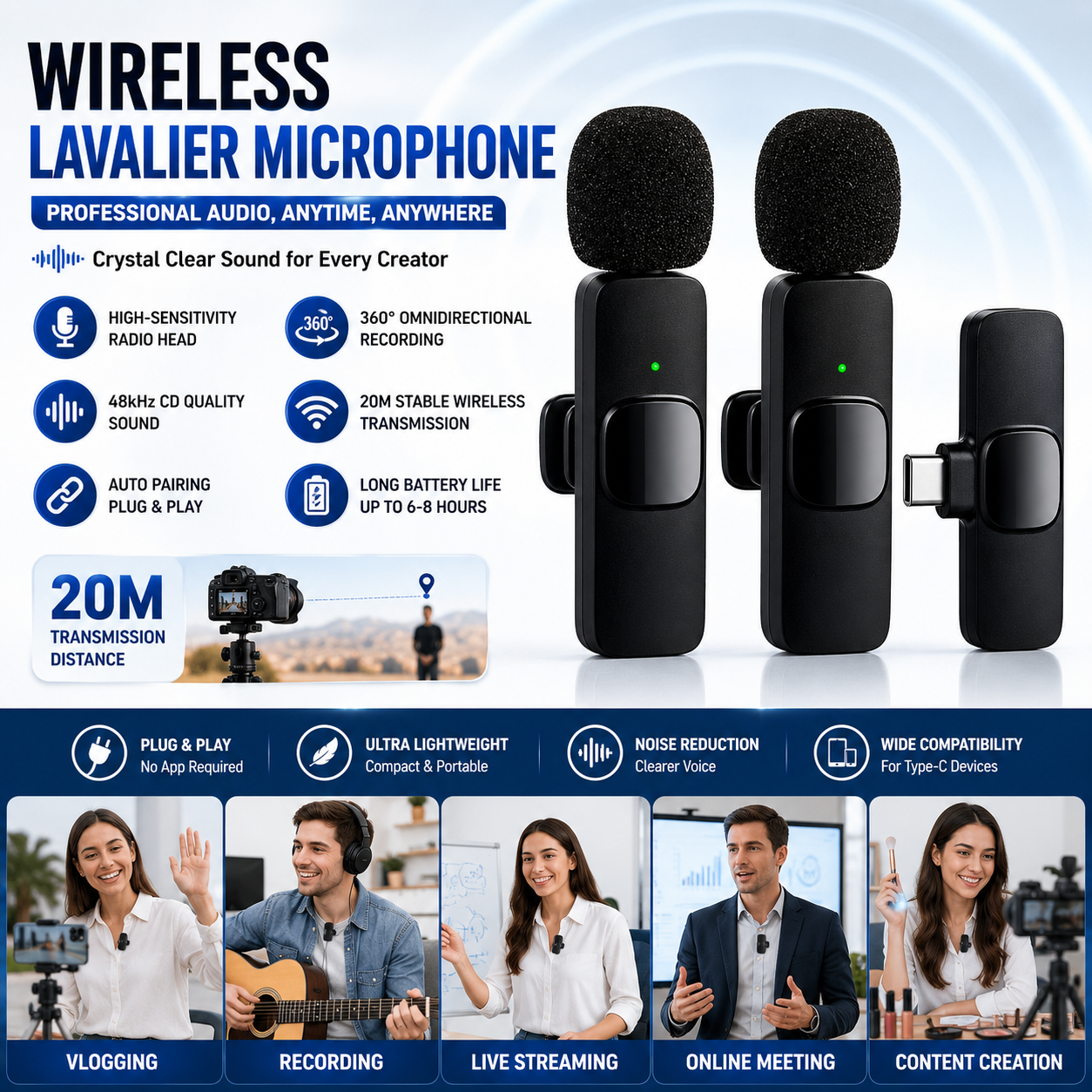 Wireless lavalier microphone with Type-C receiver featuring noise cancellation, 20-meter wireless range, and crystal-clear audio recording for smartphones.