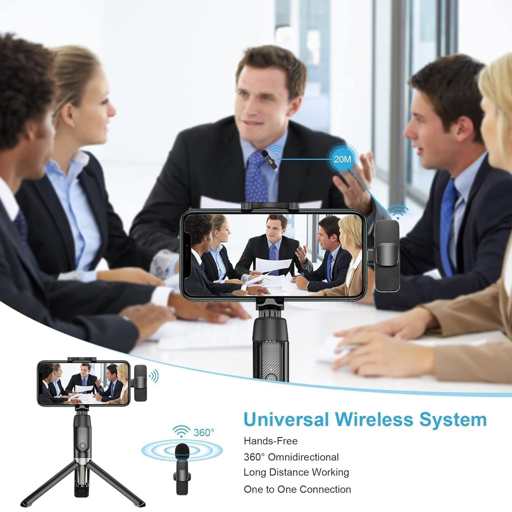 Wireless lavalier microphone with Type-C receiver featuring noise cancellation, 20-meter wireless range, and crystal-clear audio recording for smartphones.
