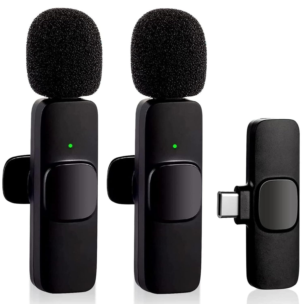 Wireless lavalier microphone with Type-C receiver featuring noise cancellation, 20-meter wireless range, and crystal-clear audio recording for smartphones.