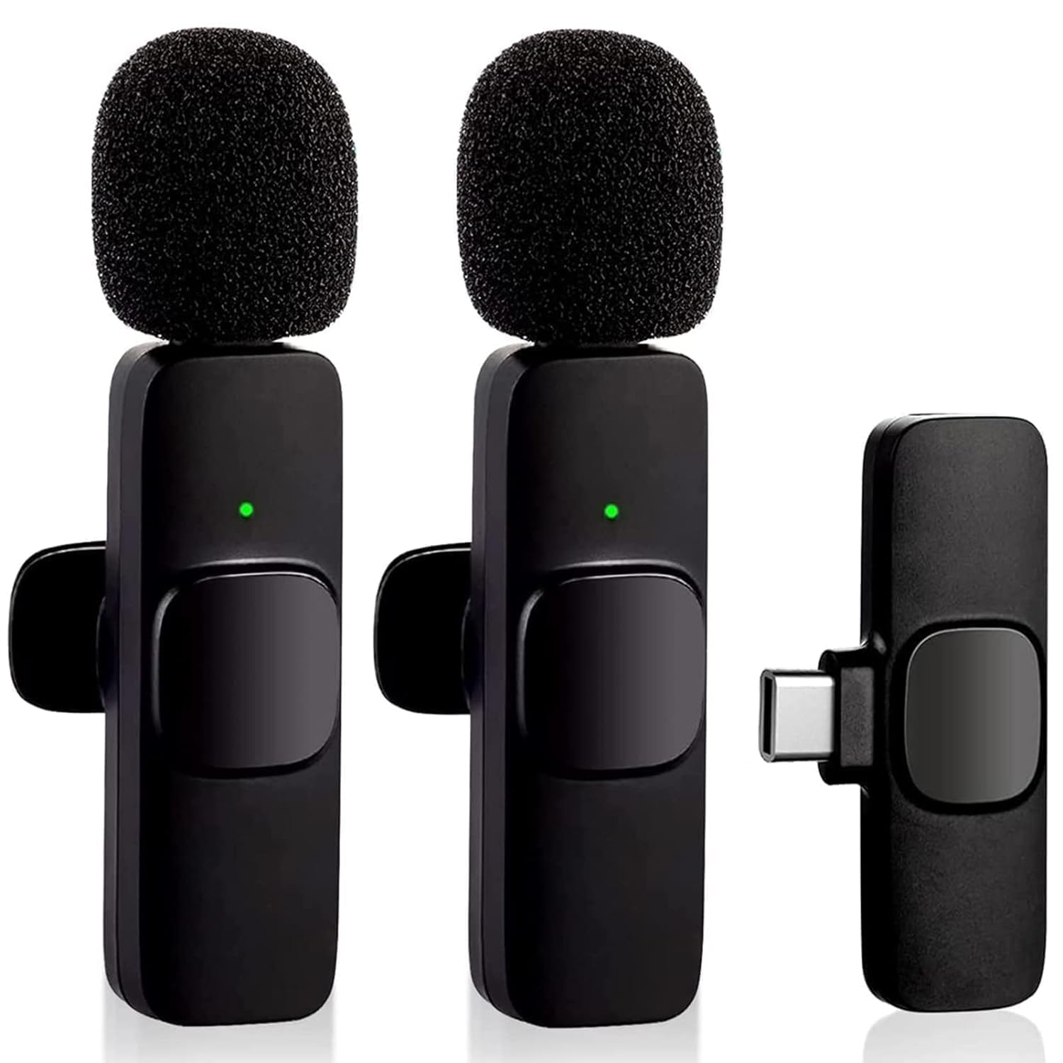 Wireless lavalier microphone with Type-C receiver featuring noise cancellation, 20-meter wireless range, and crystal-clear audio recording for smartphones.