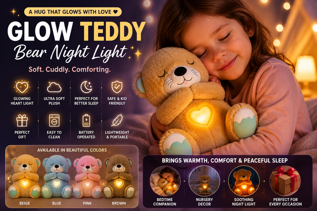 Woman cuddling a glowing teddy bear plush toy in a cozy bedroom setting.
