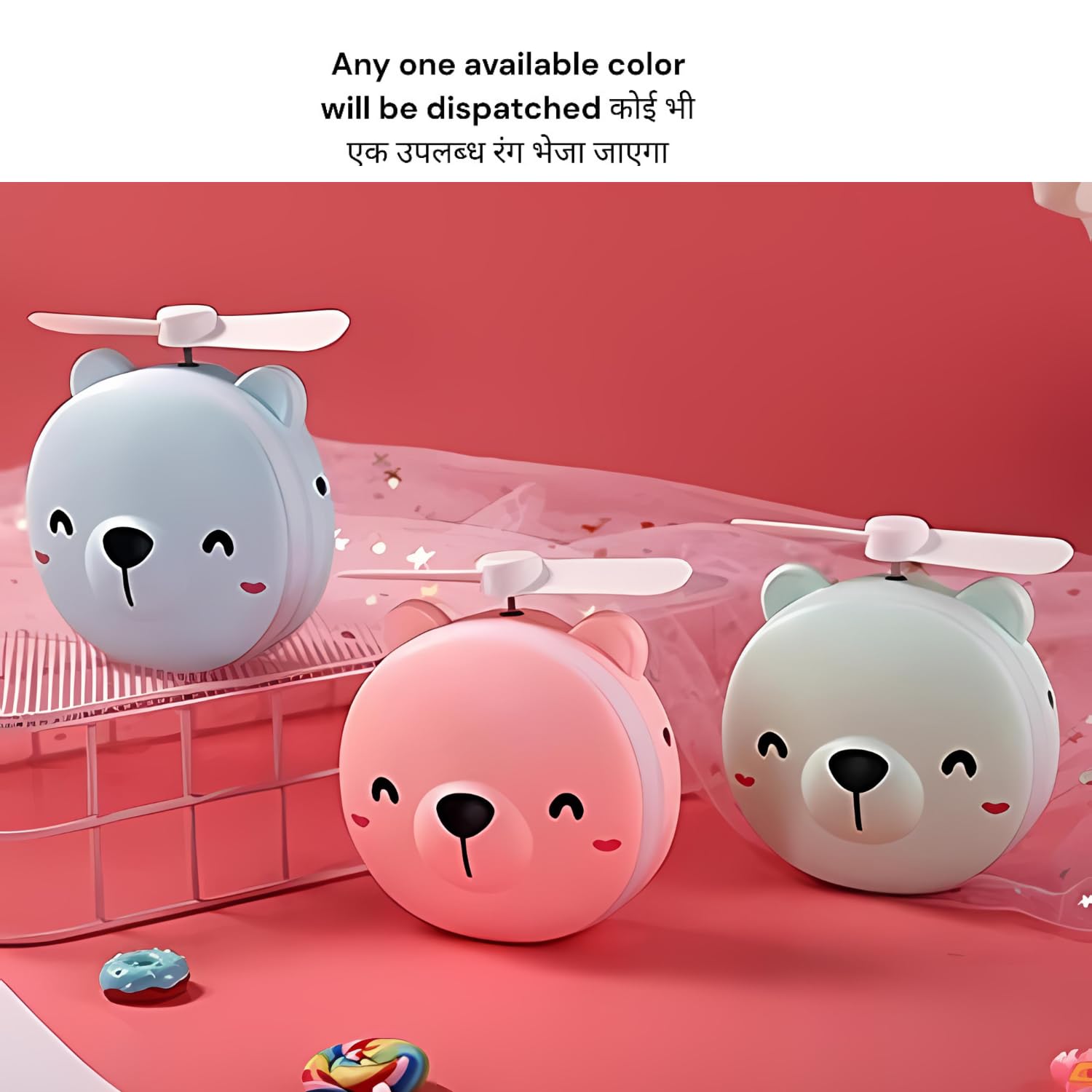 Cute Bear Mini Handheld Fan with Mirror & LED Light – Portable USB Rechargeable Fan